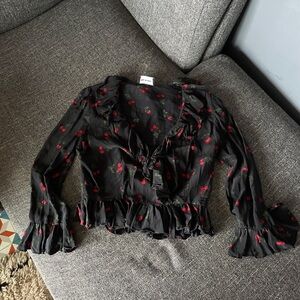 Black Cherry Print Ruffle Top